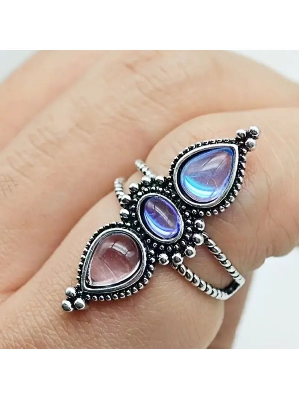 Exquisite Mosaic Ring Silver Plated Inlaid with Synthetic Gems